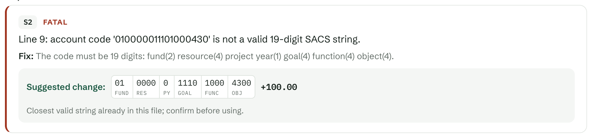 A fatal finding on the sample file, an invalid 19-digit account string on line 9, with the suggested change shown as a segmented account string and its amount
